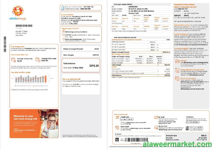 Australia Alinta Energy gas utility bill template in Word and PDF format, 2 pages